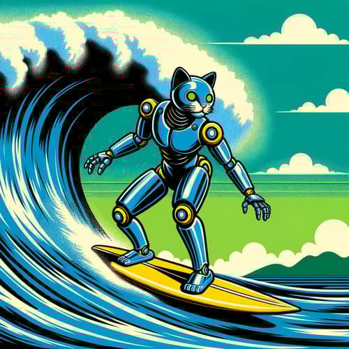 Robot Cat Surfing in Caribbean | Pop Art Style