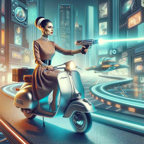 Futuristic 60's Mod Style Scooter Rider with Ray Gun | Bold & Adventurous Theme