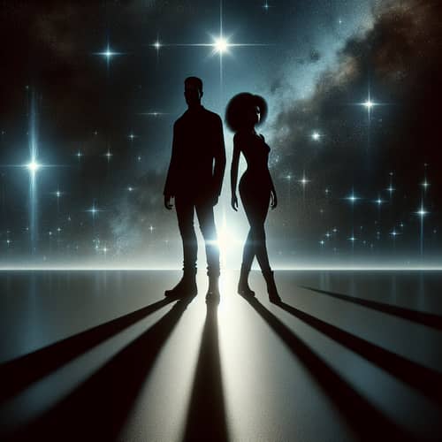 Celestial Figures Standing Back-to-Back in Cosmic Scene