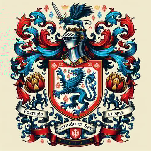Intricate Family Crest with Blue Dragon, Golden Tulips, Stag, Lion and Latin Motto