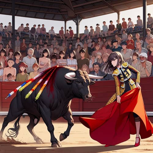 Female Matador Engaging Bull in Diverse Arena | Anime Style