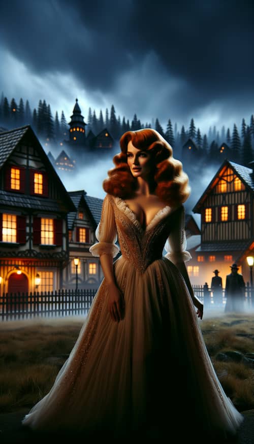 Mysterious Redhead in Beautiful Dress at Foggy Village
