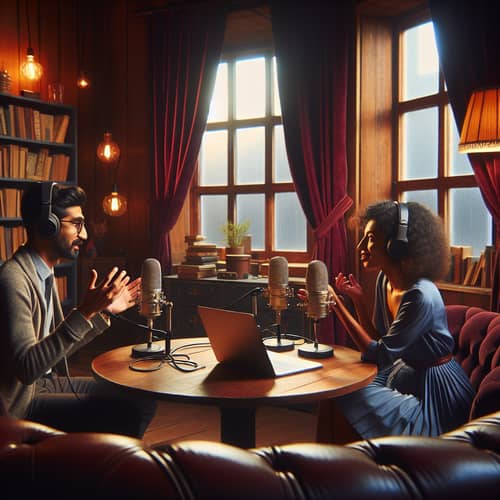 Cozy Podcast Studio with Diverse Hosts in Deep Discussion
