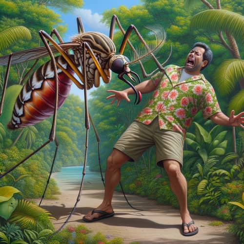 Gigantic Mosquito Lifting Frightened Man | Tropical Island Scene