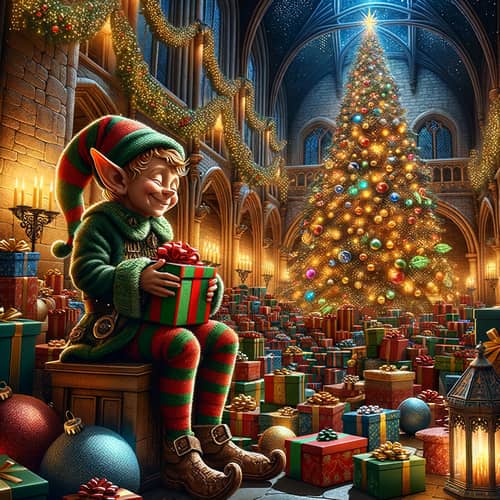 Joyful House Elf Prepares Christmas Gifts in Festive Setting