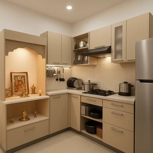 Smart Modular Kitchen Design with Mandir for 1 Lakh