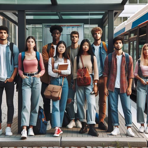 Diverse College Students Waiting for Bus in Urban Setting