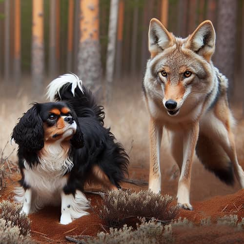 Fearless Cavalier King Charles Confronts Wild Coyote