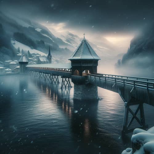 Kapellbrücke Wooden Footbridge in Winter Sunrise - Switzerland