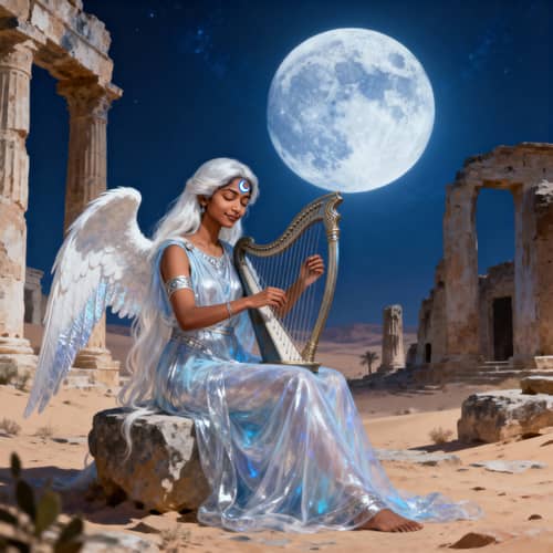 Serene South Asian Woman Playing Harp Under Moonlight Serene South Asian Woman Playing Harp Under Moonlight