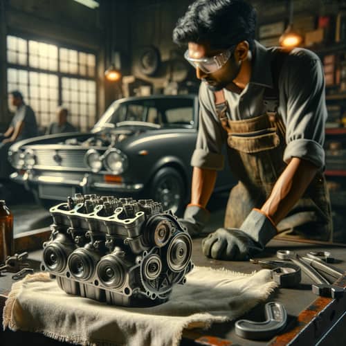 Master Auto Mechanic at Work in Classic Car Garage