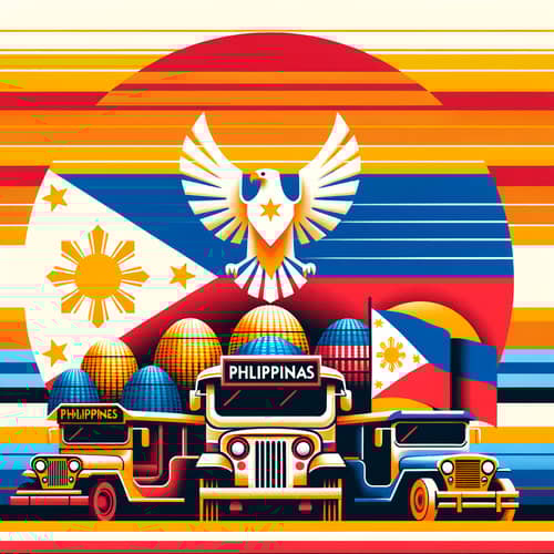 Philippines Digital Art: Eagle, Jeepneys & Banig in Sunset Scene