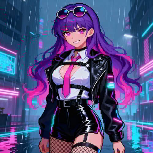 Cyberpunk Anime Girl Pixel Art - Vibrant Neon Style