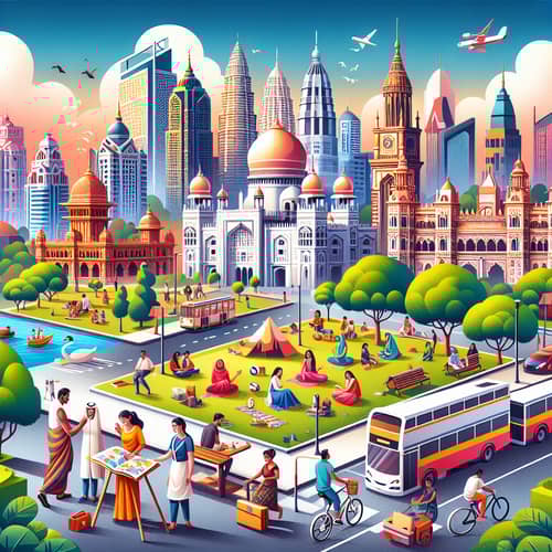 Vibrant Cityscape with Landmarks, Parks & Diverse Activities