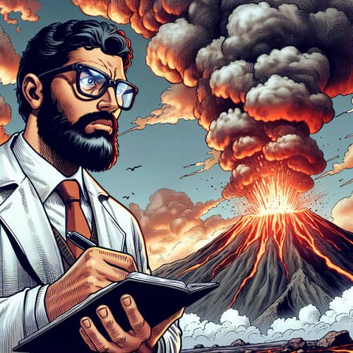 Adventure Comic: Scientist Observing Erupting Volcano