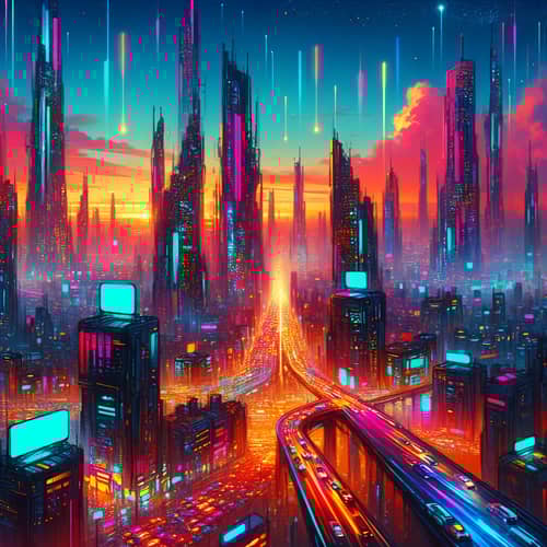 Futuristic Cityscape at Sunset: Neon Skyscrapers and Gravity-Defying Vehicles