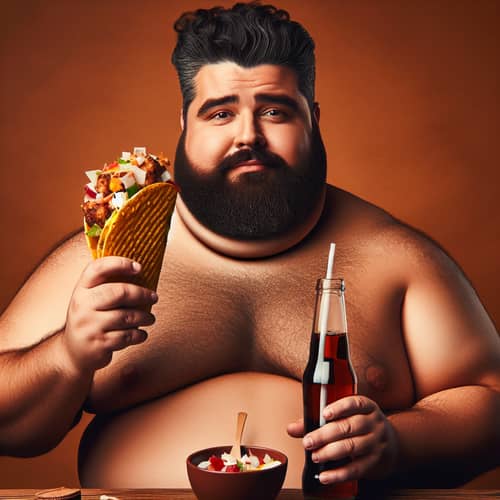 Obese Mexican Man Enjoying Taco and Coke - Colorful Artwork