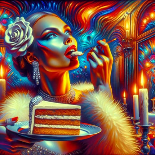 Glamorous Woman enjoying cake in surreal environment | Digital Oil Painting