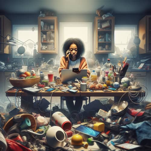Capturing Overindulgence: Young African American Woman Lost in Phone Chaos