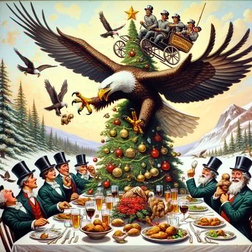 Whimsical Christmas Dinner Painting with Eagle and 49er Miners