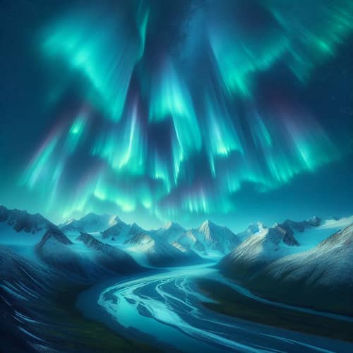 Aurora Borealis Over Snow-Capped Alaskan Mountains