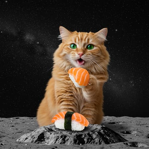 Cat Eating Sushi on the Moon - A Whimsical Delight