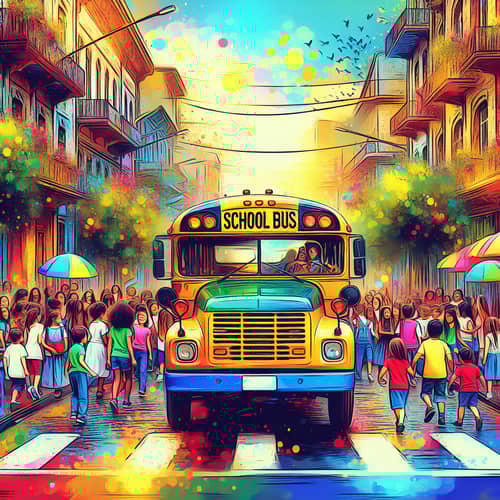Vibrant City Street with Colorful School Bus