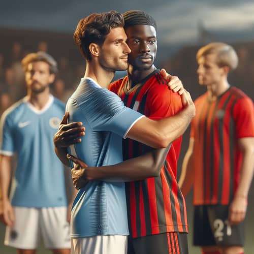 Soccer Players Embrace Displaying Sportsmanship