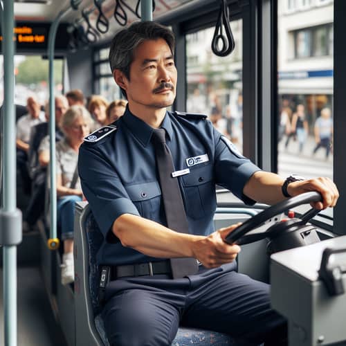Professional Asian Male Bus Driver in City Bus - Urban Transport