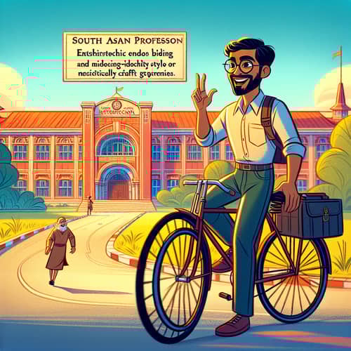 Enthusiastic South Asian Male Professor Biking to Educational Institution