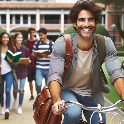 Cheerful Hispanic Male Professor Arriving at Educational Institution