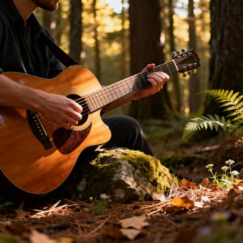 Acoustic Guitar Players in a Serene Forest