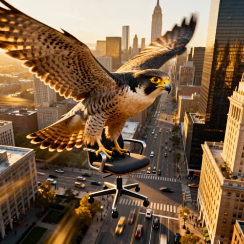Majestic Falcon Soaring Over City with Chair Majestic Falcon Soaring Over City with Chair