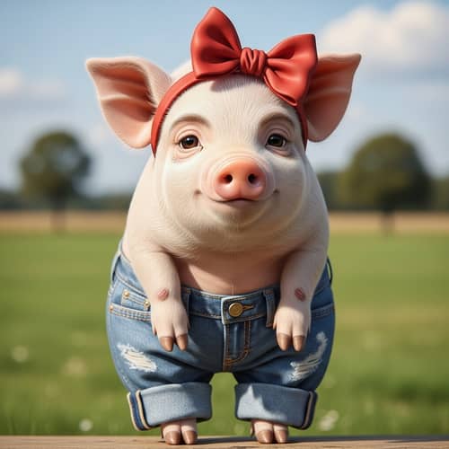 Cute Piglet with Human Traits in Denim Outfit