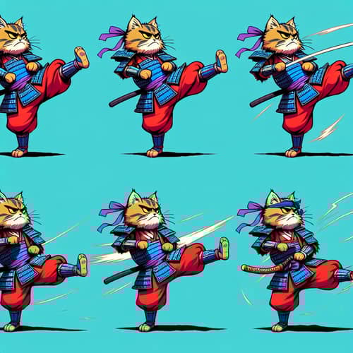 Animated Manul Samurai Kick: 7 Stages in Anime Style