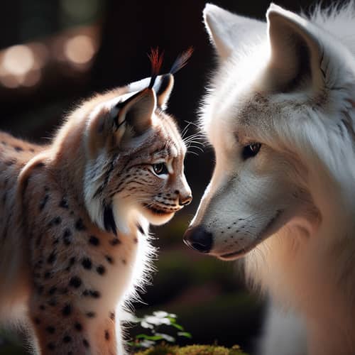 Petite Lynx and White Wolf: Intimate Moment in Forest