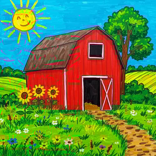 Charming Kid Art: Red Barn in Nature
