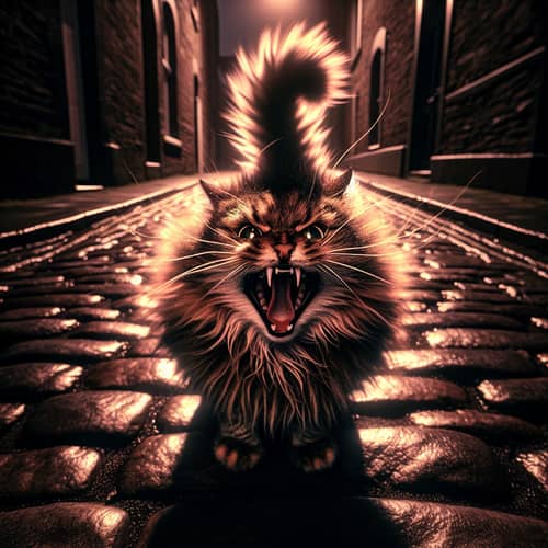 Furious Cat on Cobblestone Street | Intense Feline Display