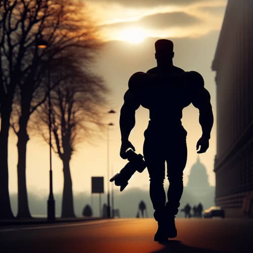 Robust Photographer Silhouette Walking Down Street