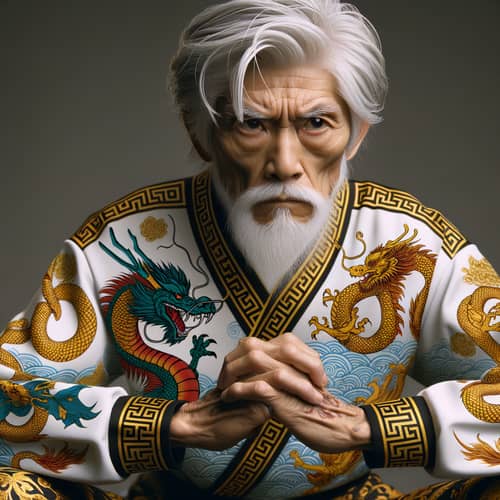 Elderly Martial Arts Master in Versace-Inspired Fashion