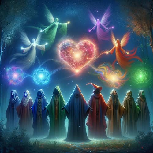 Diverse Mages Casting Love Spell in Mystical Forest