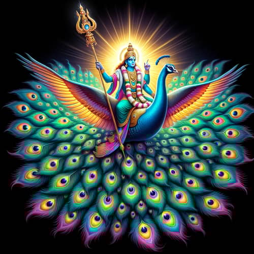 Lord Murugan on Peacock with Gleaming Vel - Divine Image