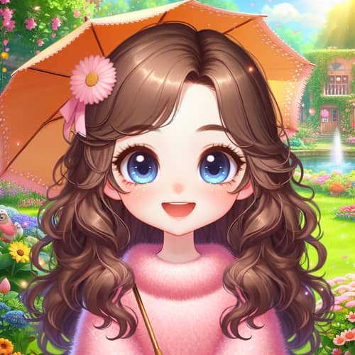 Cute Girl with Long Curly Brown Hair and Blue Eyes | Park Scene