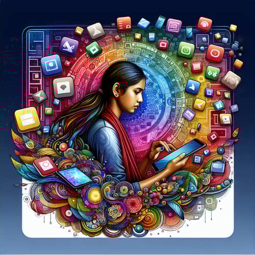 South Asian Female Developer Digital Painting | Vibrant Apps Illustration