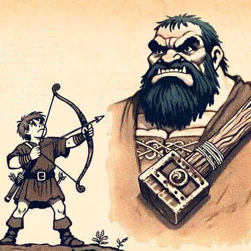 Epic Battle Scene: Young Hero vs. Towering Giant