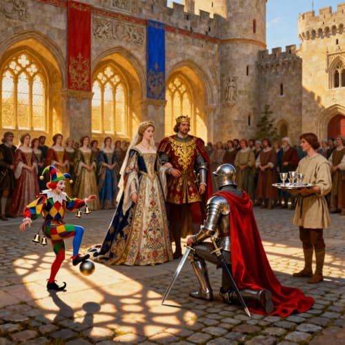 Majestic Medieval Castle Scene with Queen and Courtiers