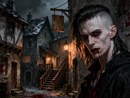 Dark Themed Horror Painting with Detailed Village Dark Themed Horror Painting with Detailed Village