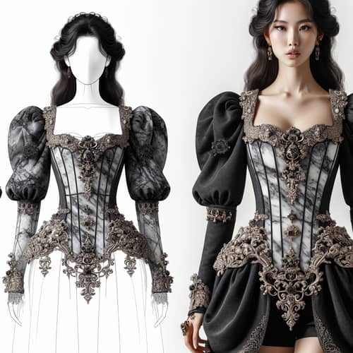 Baroque Style Marble Black Dress with Ornate Adornments