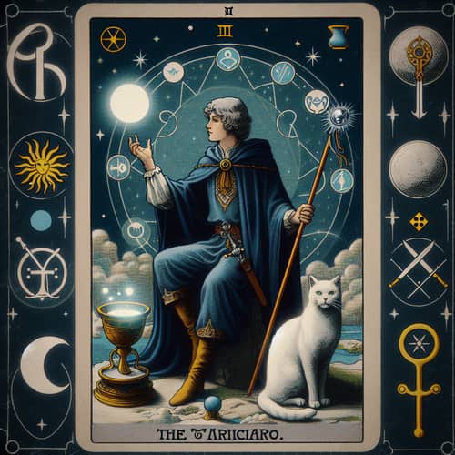 The Magician Tarot Card with White Cat - Mystical Ghibli Anime