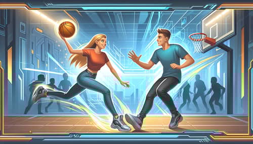 Futuristic Basketball Game Illustration with Joyous Young Couple